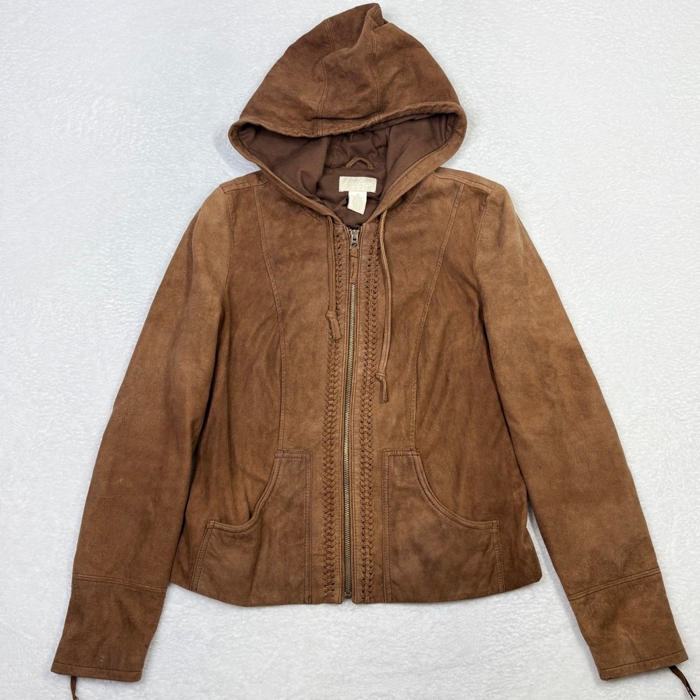 Lucky Brand Lucky Legend Brown Suede Leather Hooded Jacket Womens Medium Braided